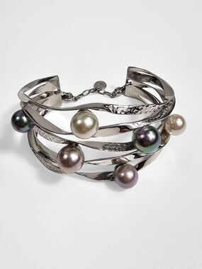 Majorica Rhodium Plated Sterling Silver Modernist Simulated Pearl Cuff Bracelet